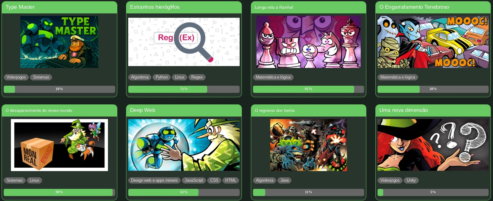 A lista de aventuras da plataforma Codelearn, cada uma com a sua ilustração, temas e progresso