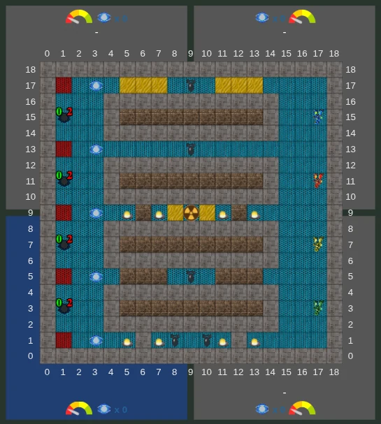 Uma partida da Karel Challenge: quatro robôs a competir no mesmo labirinto
